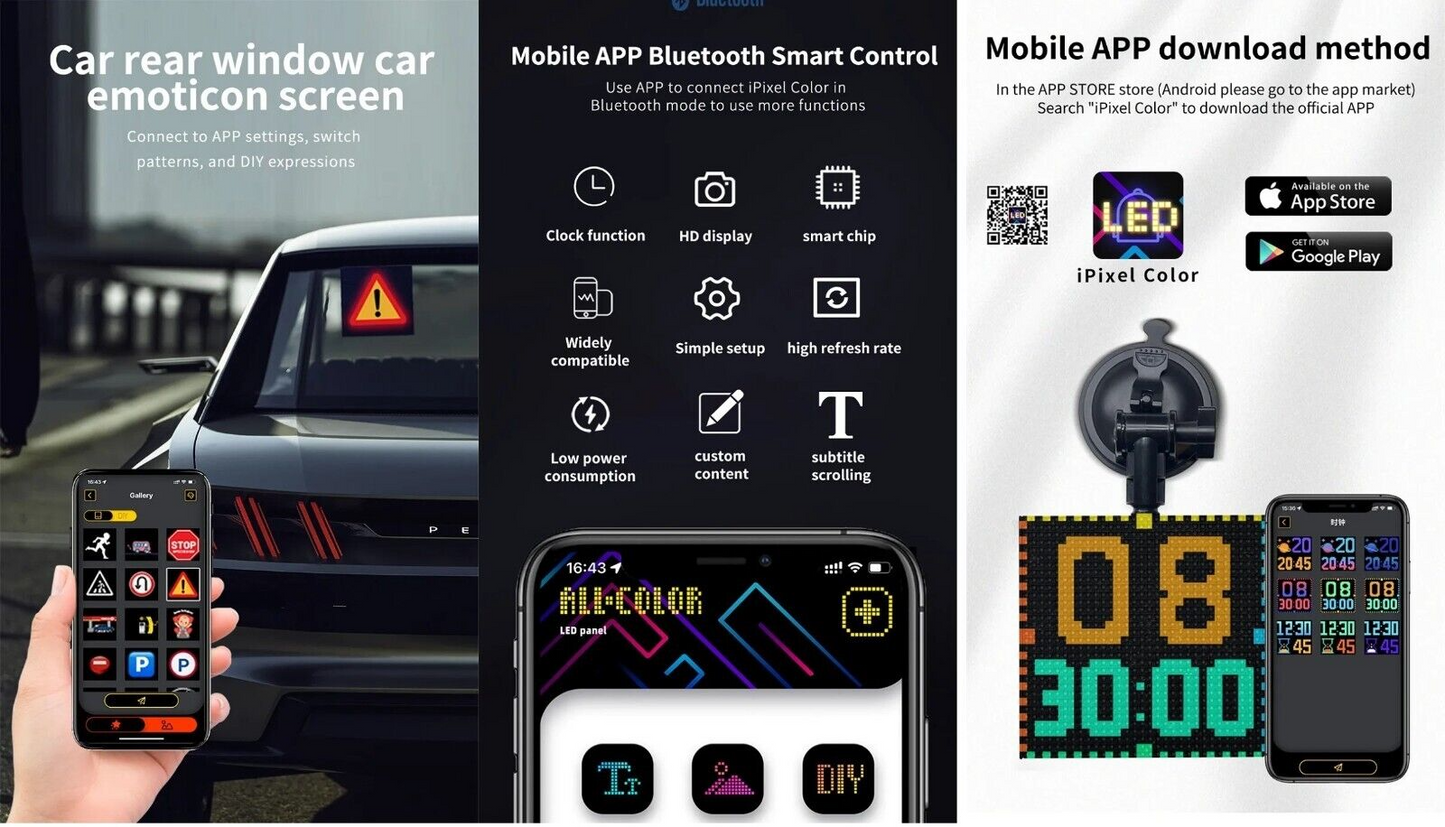 Led Bluetooth Car Sign Rear Window Message Board Emoticon Display Screen