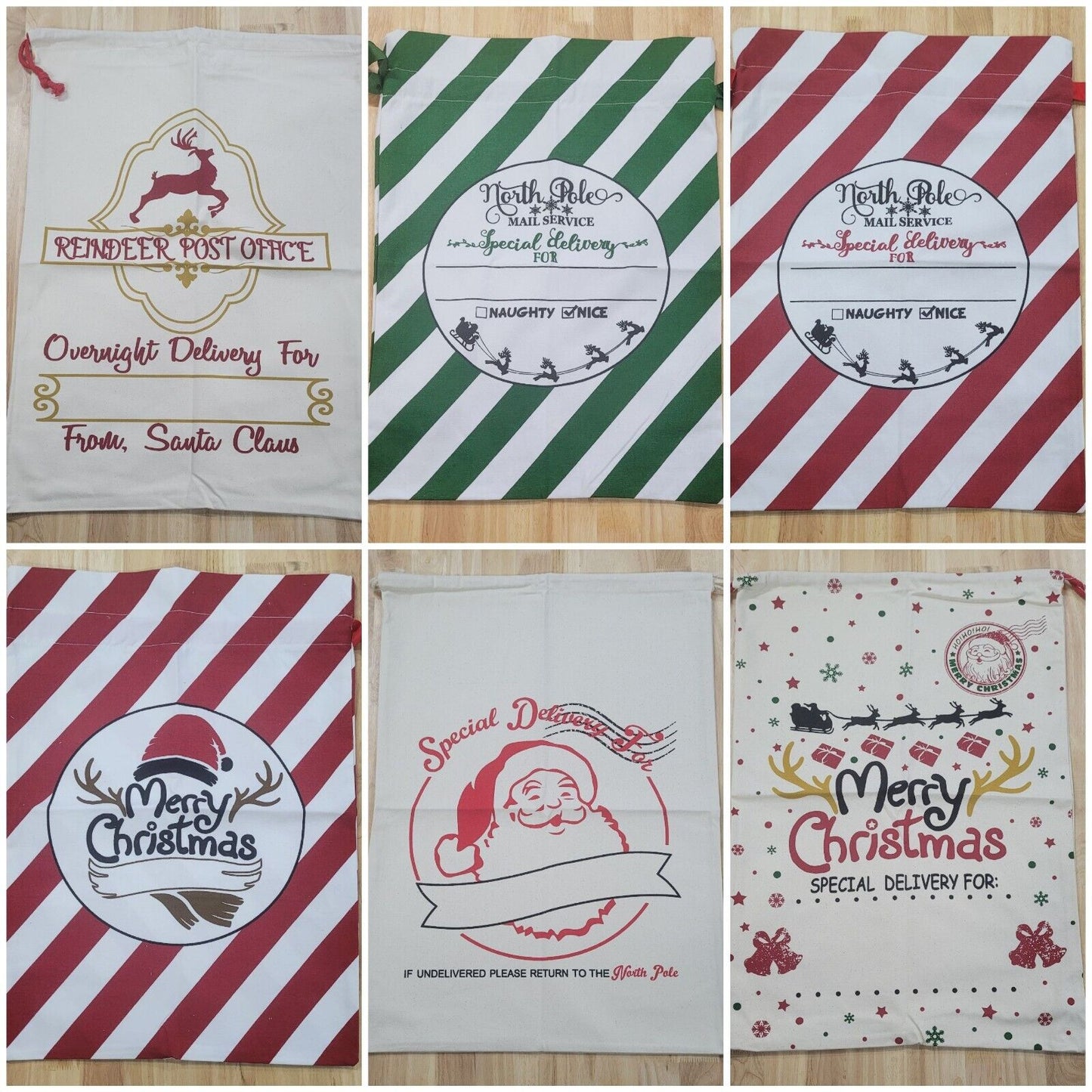 6x Canvas Hessian Christmas Santa Sack Xmas Stocking Kids Gift Bag 45cm x 60 cm