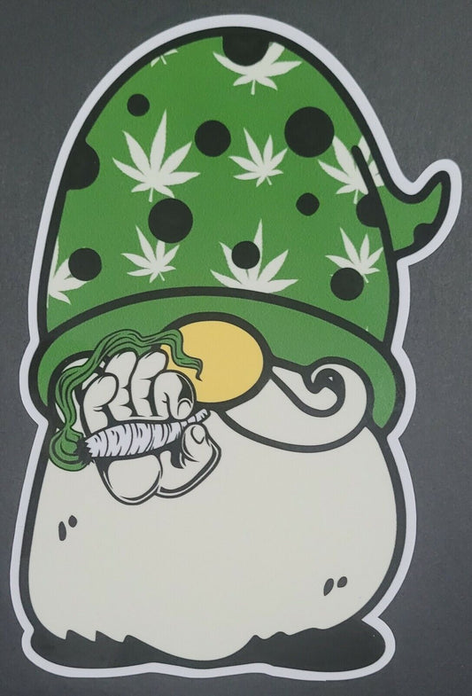 Gnome smoking Joint 10cm x 15cm Vinyl Sticker / decal Windows Automotive Marine.